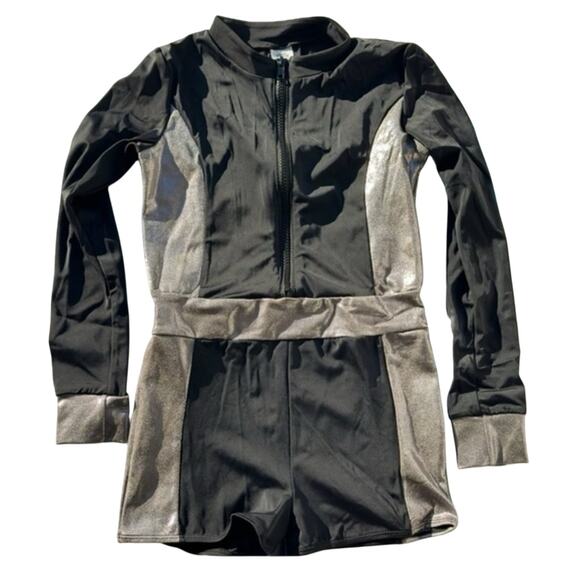 Double Platinum Long Sleeve Metallic Unitard dance costume NWT black/silver CXL - Picture 2 of 4